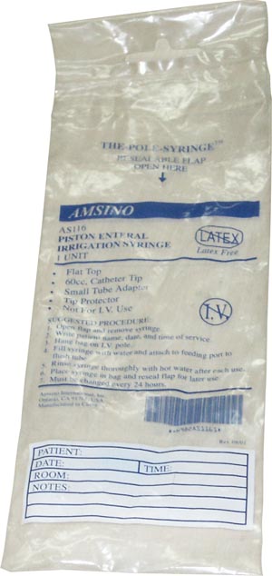 Amsino AS116 60cc Syringe Catheter Tip Flat Top with Small Tip Adapter Packed in Resealable IV Pole Bag 30/cs