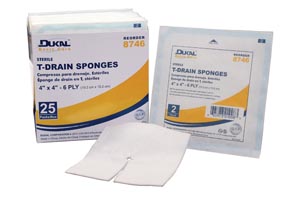Dukal 8746 T-Drain Sponge 4 x 4" Sterile 2/pk 25 pk/bx 12 bx/cs