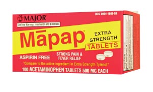 Major Analgesic Mapap, 500mg, Boxed, 100s, Compare to Tylenol, NDC# 00904-6730-