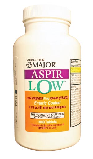 Major Aspir-Low, Enteric Coated, 81mg, 1000s, Compare to Bayer Low Dose, 12/cs 